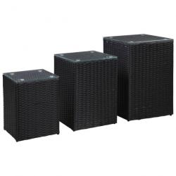 Tables d'appoint 3 pcs et dessus en verre Noir Résine tressée 46984