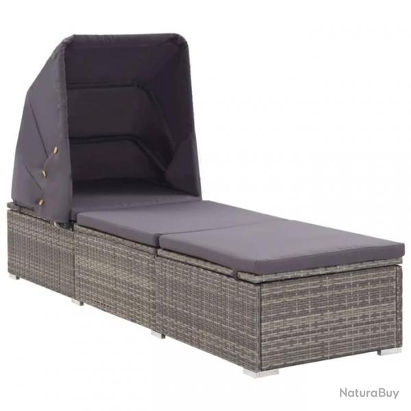 Chaise longue avec auvent et coussin Rsine tresse Gris