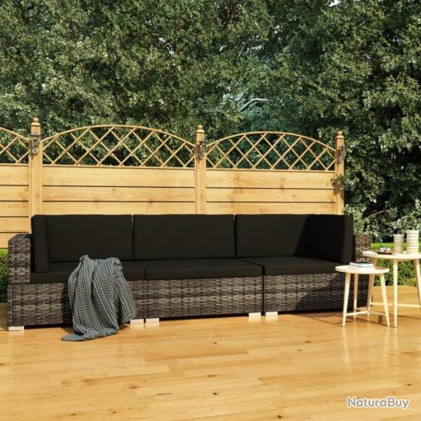 Salon de jardin 3 pcs avec coussins Rsine tresse Gris 47266