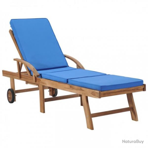 Chaise longue avec coussin Bois de teck solide Bleu 48025