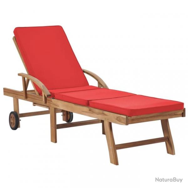 Chaise longue avec coussin Bois de teck solide Rouge 48026