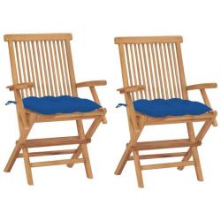 Chaises de jardin avec coussins bleu 2 pcs Bois de teck massif