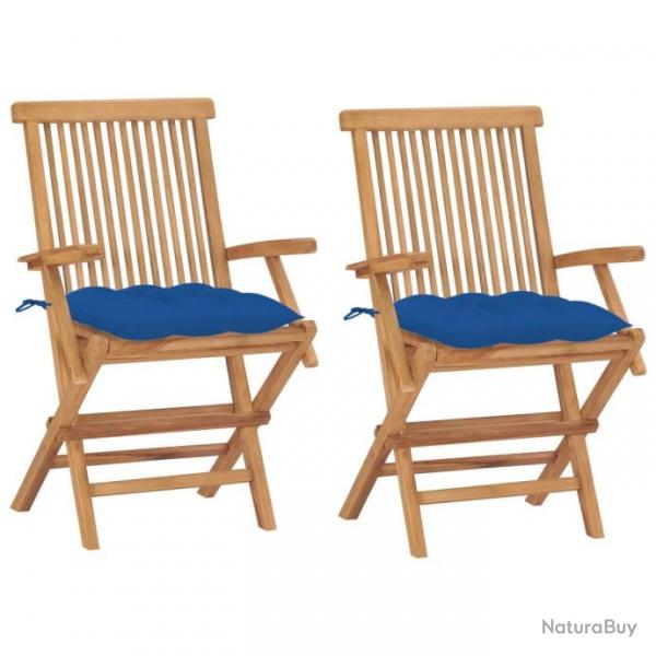 Chaises de jardin avec coussins bleu 2 pcs Bois de teck massif