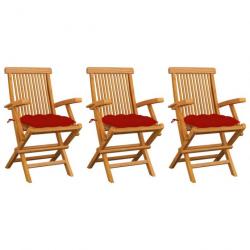 Chaises de jardin avec coussins rouge 3 pcs Bois de teck massif 3062535