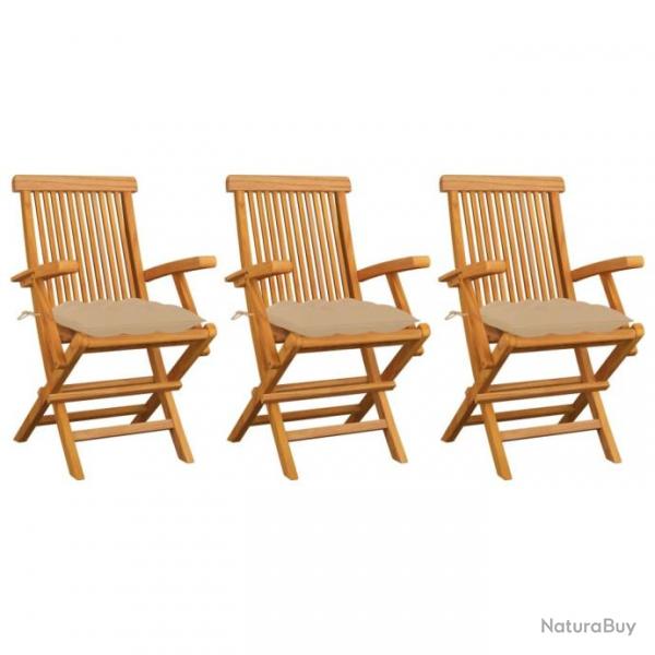 Chaises de jardin avec coussins beige 3 pcs Bois de teck massif 3062532