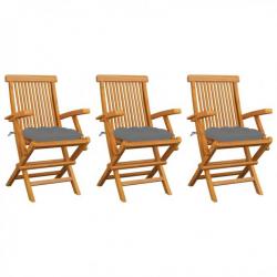 Chaises de jardin avec coussins gris 3 pcs Bois de teck massif 3062530