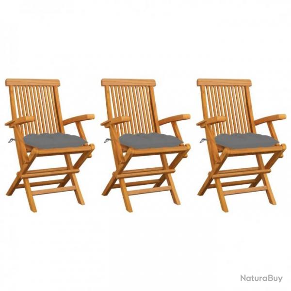 Chaises de jardin avec coussins gris 3 pcs Bois de teck massif 3062530
