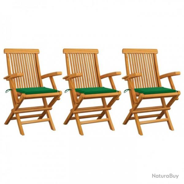 Chaises de jardin avec coussins vert 3 pcs Bois de teck massif