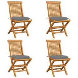 Chaises de jardin avec coussins gris 4 pcs Bois de teck massif