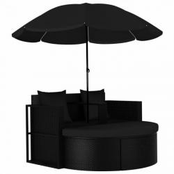 Lit de jardin avec parasol Résine tressée Noir 47398