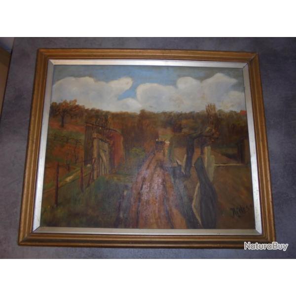 ANCIEN TABLEAU PAYSAGE CHEMIN DE CAMPAGNE CHARRETTE SIGN DAT 1944 50cm x 42cm