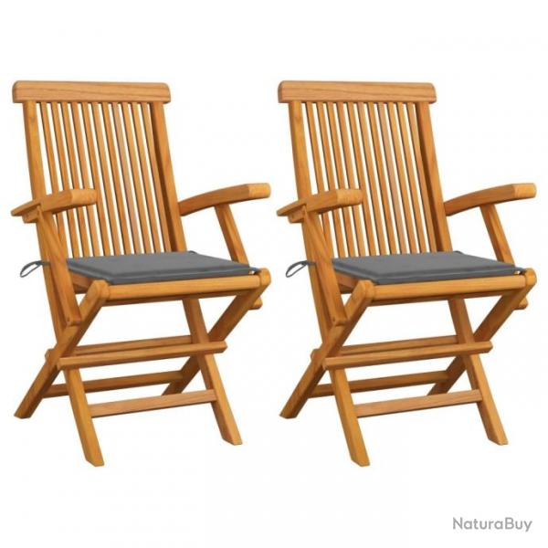 Chaises de jardin avec coussins gris 2 pcs Bois de teck massif