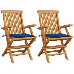 Chaises de jardin avec coussins bleu royal 2 pcs Bois de teck