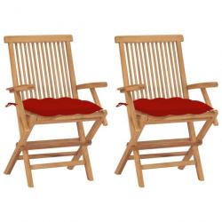 Chaises de jardin avec coussins rouge 2 pcs Bois de teck massif 3062508