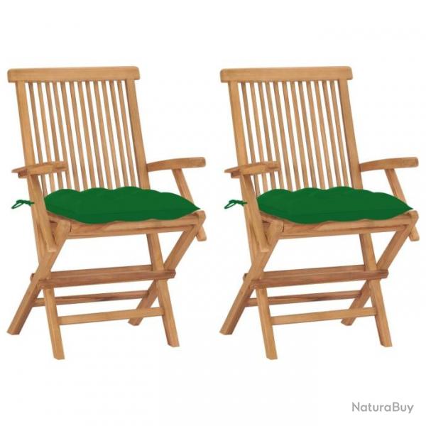 Chaises de jardin avec coussins vert 2 pcs Bois de teck massif 3062507