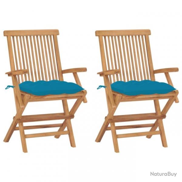 Chaises de jardin 2 pcs avec coussins bleu clair Teck massif