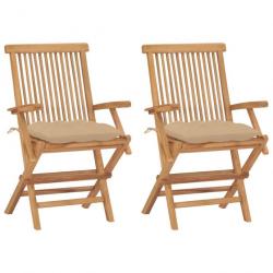 Chaises de jardin avec coussins beige 2 pcs Bois de teck massif 3062505