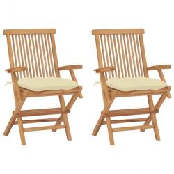 Chaises de jardin 2 pcs avec coussins blanc crème Teck massif 3062504