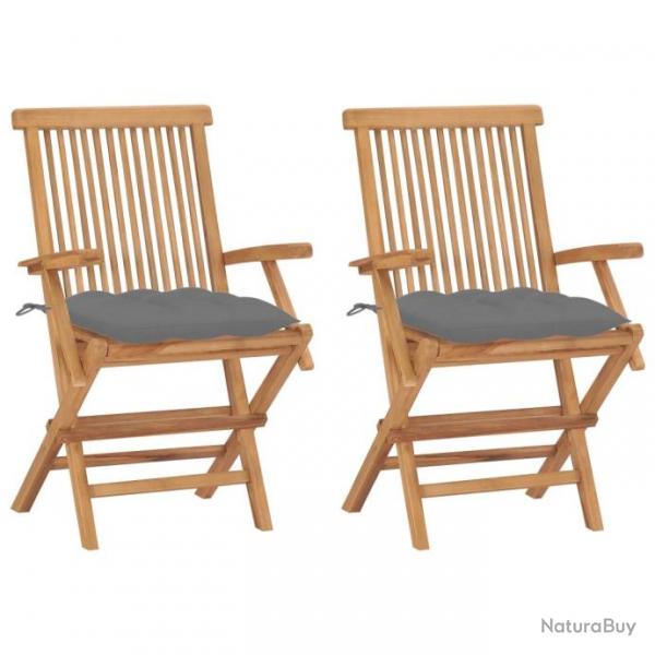 Chaises de jardin avec coussins gris 2 pcs Bois de teck massif 3062503