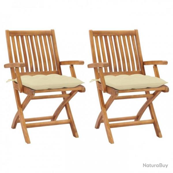Chaises de jardin 2 pcs avec coussins blanc crme Teck massif 3062423