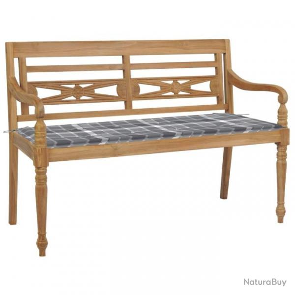 Banc de jardin Batavia avec coussin  carreaux gris 120 cm Bois de teck 306216