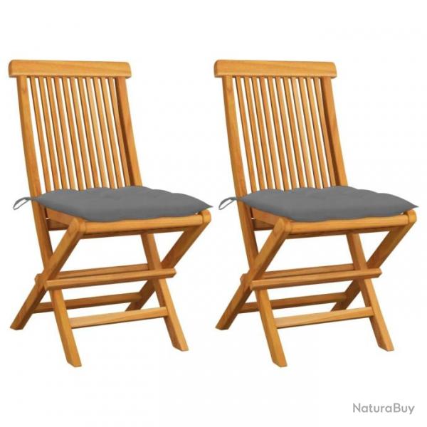 Chaises de jardin avec coussins gris 2 pcs Bois de teck massif