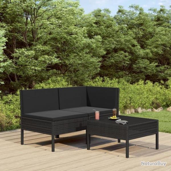 Salon de jardin 3 pcs avec coussins Rsine tresse Noir 310187