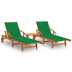 Chaises longues 2 pcs avec table et coussins Acacia solide 3077350