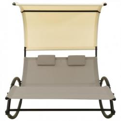 Chaise longue double avec auvent Textilène Taupe et crème 310549
