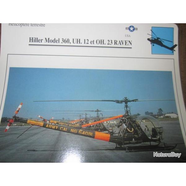 FICHE  AVIATION  TYPE APPAREIL HELICOPTERE TERRESTRE /  HILLER MODEL 360  UH 12 OH 23 RAVEN   USA