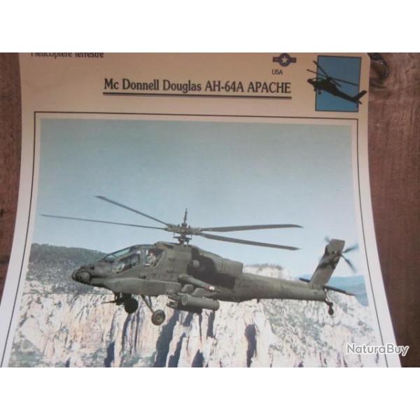 FICHE  AVIATION  TYPE APPAREIL HELICOPTERE TERRESTRE / Mc DONNELL DOUGLAS AH 64A  APACHE  USA