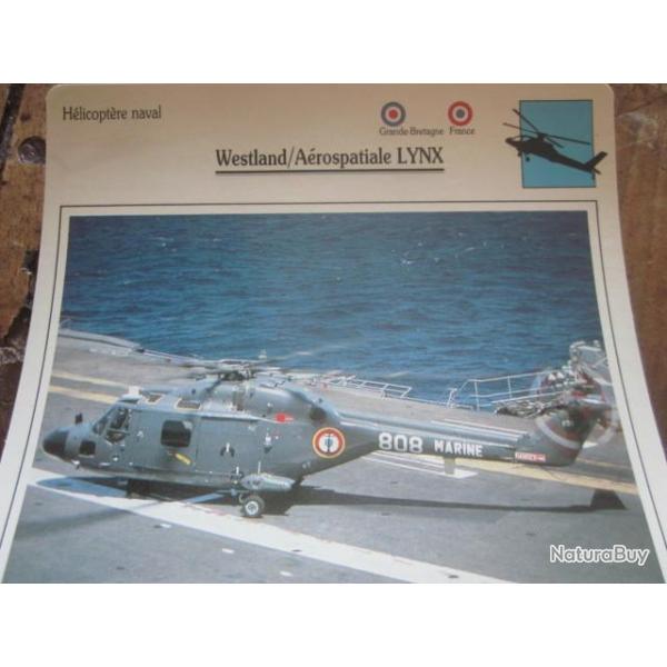 FICHE  AVIATION  TYPE APPAREIL HELICOPTERE NAVAL  / WESTLAND AEROSPATIALE LYNX