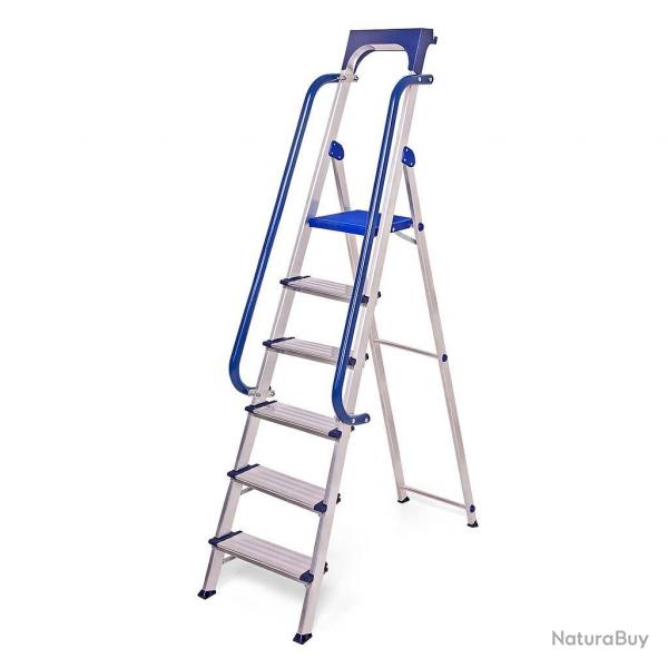 Escabeau 6 marches Secure pro, aluminium renforc, scuris avec rampes, tablette porte-outils, haut