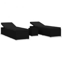 Chaises longues de jardin table à thé 3 pcs Résine tressée Noir 3057666