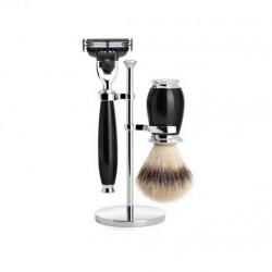 Set de rasage Mach3® "Purist" 3 pièces, Manche résine noire, Poils pur argenté [Mühle]