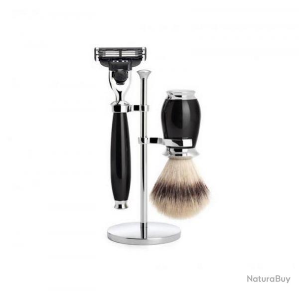 Set de rasage Mach3 "Purist" 3 pices, Manche rsine noire, Poils pur argent [Mhle]