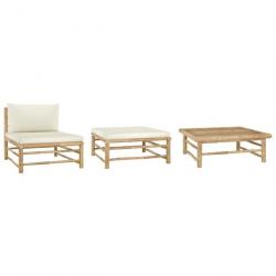 Salon de jardin 3 pcs avec coussins blanc crème Bambou