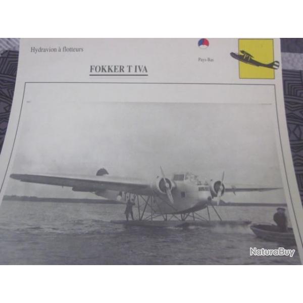 FICHE  AVIATION  TYPE  hydravion a flotteurs   / FOKKER T IVA  PAYS BAS