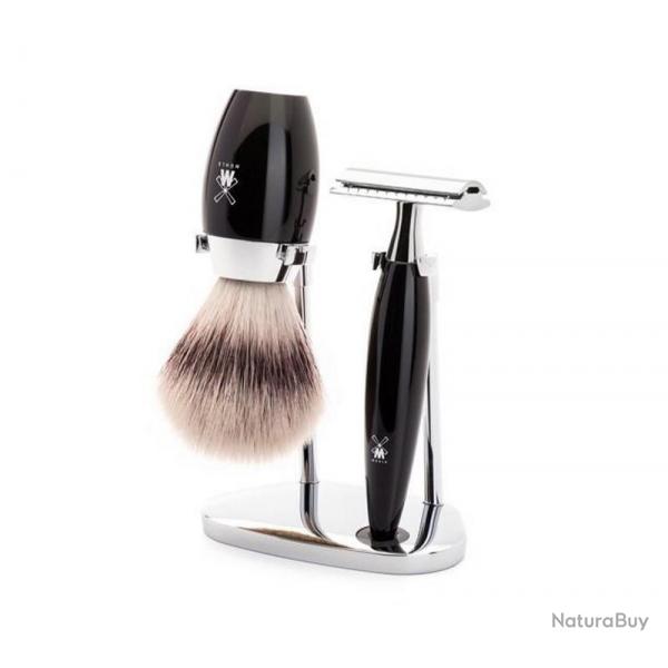 Set de rasage "Kosmo" 3 pices, Manche rsine noire, Poils pur gris [Mhle]