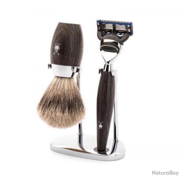 Set de rasage Fusion "Kosmo" 3 pices, Manche chne fossilis, Poils fibre synthtique argente [Mh