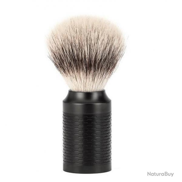 Blaireau "Rocca" , Manche DLC noir et insert noir, Poils pur argent [Mhle]