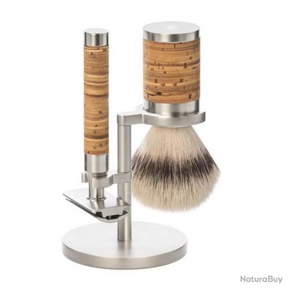 Set de rasage "Rocca" 3 pices, Manche inox et corce de bouleau, Poils fibre synthtique argente [