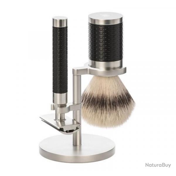 Set de rasage "Rocca" 3 pices, Manche inox et insert noir, Poils fibre synthtique argente [Mhle]