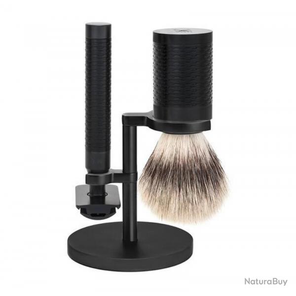 Set de rasage "Rocca" 3 pices, Manche DLC noir et insert noir, Poils fibre synthtique argente [M