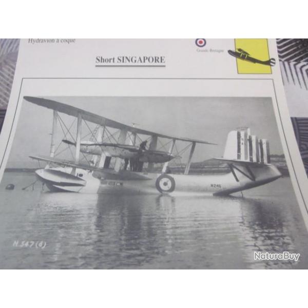 FICHE  AVIATION  TYPE  hydravion a coque    / SHORT SINGAPORE  G BRETAGNE