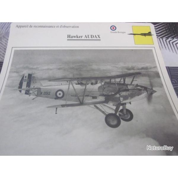 FICHE  AVIATION  TYPE  DE RECONNAISSANCE ET D OBSERVATION  / HAWKER AUDAX G BRETAGNE