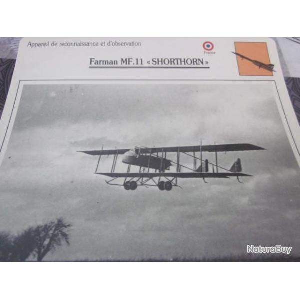 FICHE  AVIATION  TYPE  DE RECONNAISSANCE ET D OBSERVATION  / FARMAN MF 11 SHORTHORN  FRANCE