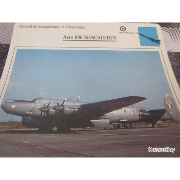 FICHE  AVIATION  TYPE  DE RECONNAISSANCE ET D OBSERVATION  / AVRO 696 SHACKLETON  G BRETAGNE