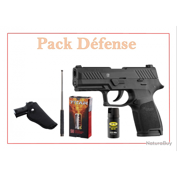 Pack Pist SIG SAUER P320 noir 9mm P.A.K. + 50 munitions + holster + arosol + matraque