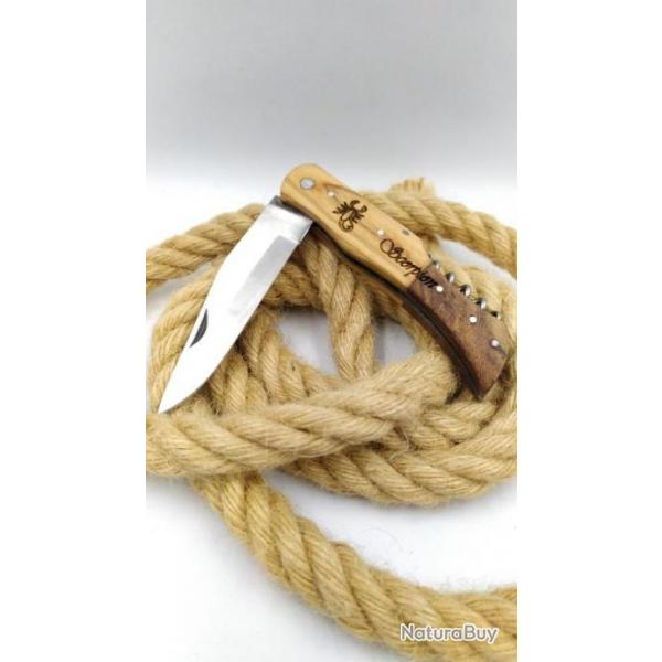 Scorpion couteau manche en bois d'olivier avec tire bouchon ide cadeau